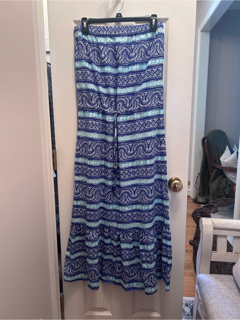 VineyardVines Silk/Viscose Blend Blue Print Strapless Dress w/Waist Drawstring.M